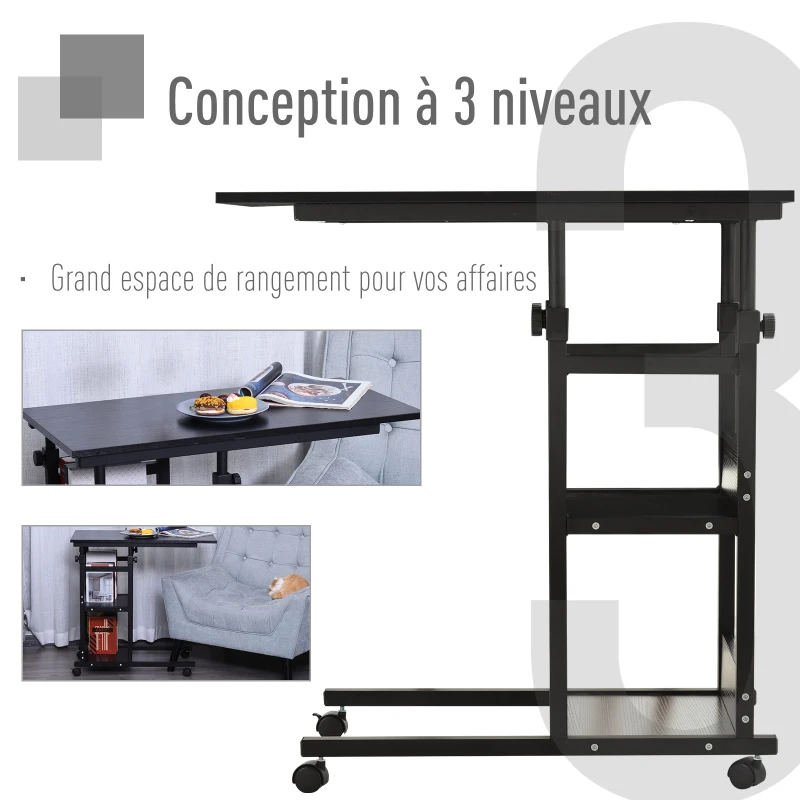 HOMCOM Table d'appoint Bout de canapé Table roulante Table de Lit pour Ordinateur Portable Hauteur réglable - 2 étagères intégrées - cadre métal Noir