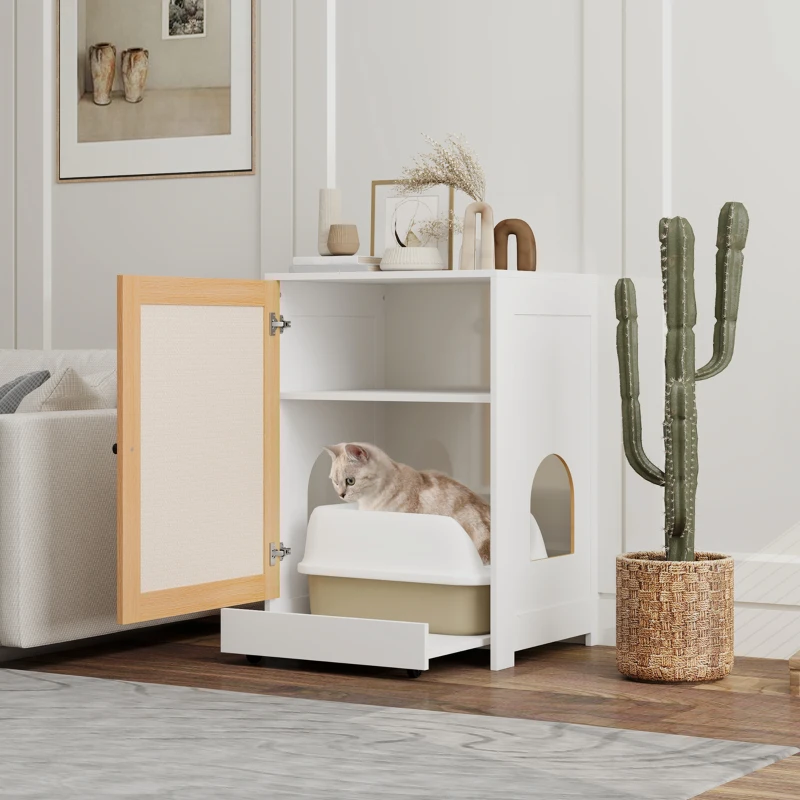 PawHut Mueble Arenero para Gatos con Bandeja Extraíble Compartimentos y Tapete para Rascar 57x50x80,5 cm Blanco y Roble