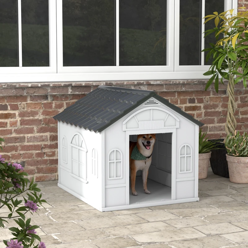 PawHut Casa para Perros 84,2x98,2x82 cm con Patrón de Ventana y Techo de Tejas de Imitación para Perros Grandes Gris y Blanco