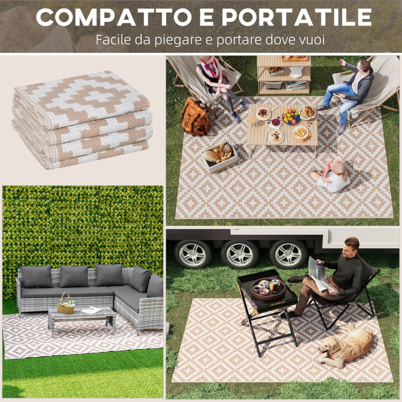 Outsunny Tappeto Esterno per Balcone e Terrazza Reversibile con Fantasia Geometrica, 2.74x1.82 m, Caffè e Bianco