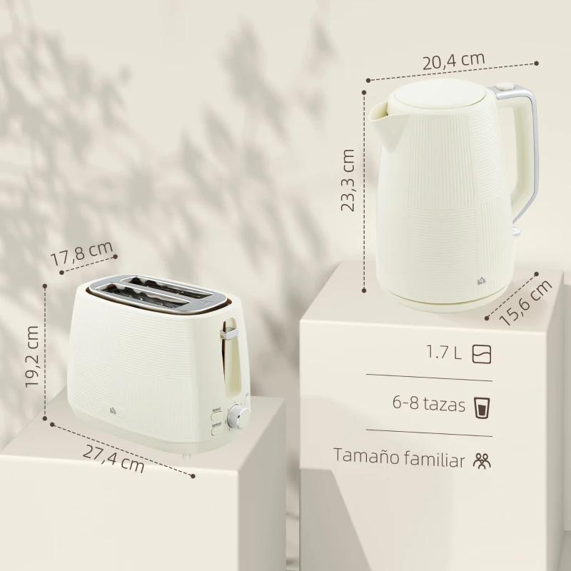 HOMCOM Juego de Hervidor de Agua Eléctrico 2200W 1,7L y Tostador Pan Ranura Ancha para 2 Rebanadas 3 Funciones Crema