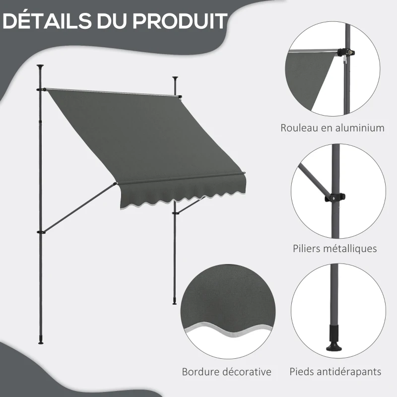 Outsunny Store banne autoportant manuel rétractable 2,5 x 1,2 x 2,1-3 m inclinaison réglable métal alu polyester gris foncé