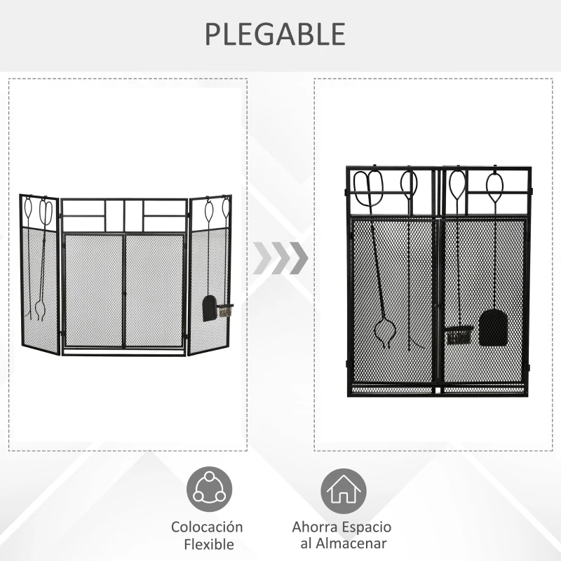 HOMCOM Salvachispas para Chimenea Protector de Chimenea Plegable con Paneles con Doble Puerta 4 Herramientas Estructura de Metal y Ganchos 106x79 cm Negro