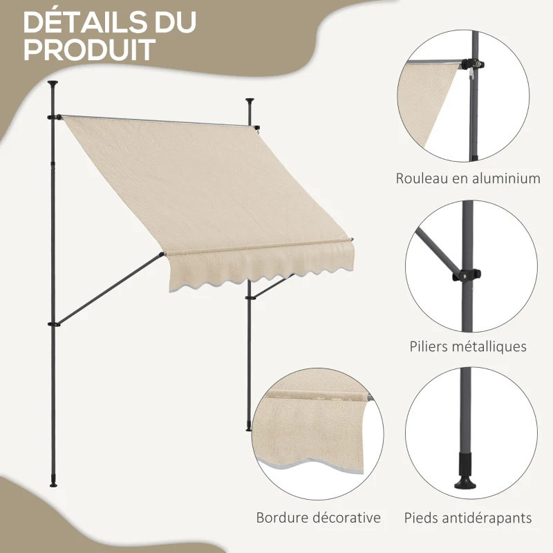 Outsunny Store banne autoportant manuel rétractable 2,5L x 1,2l x 2,1-3H m inclinaison réglable métal alu polyester sable