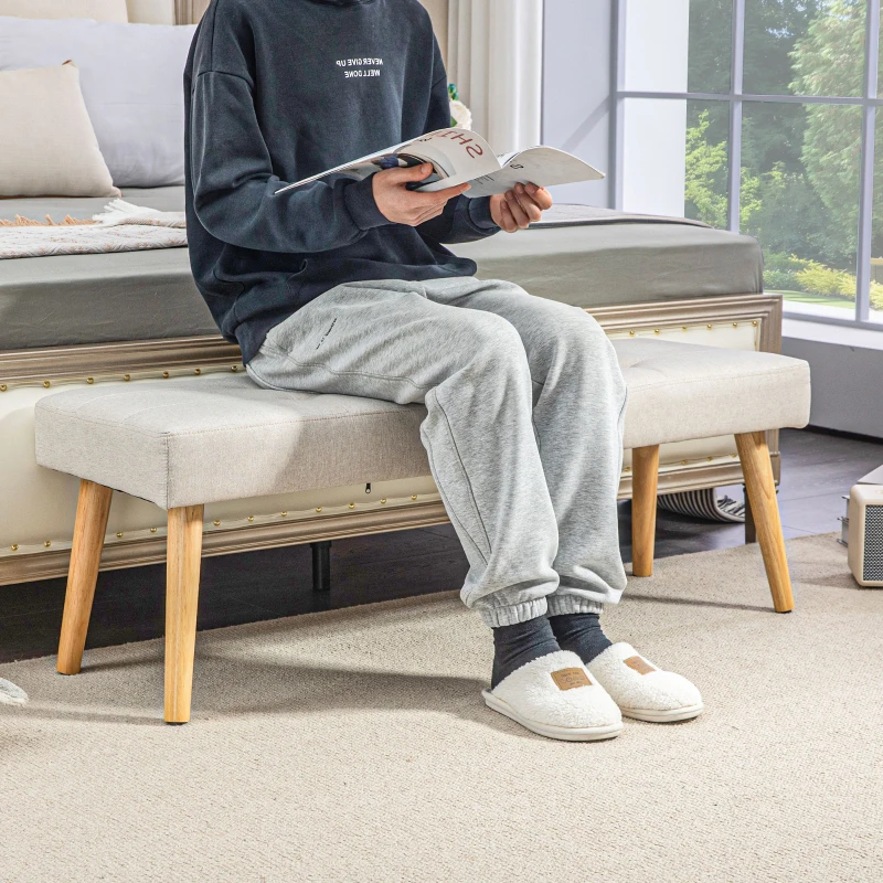 HOMCOM Bettbank, Sitzbank, weicher Bezug, Leinenoptik, bis 120 kg, Naturholzbeine, 120x41x43cm, Creme