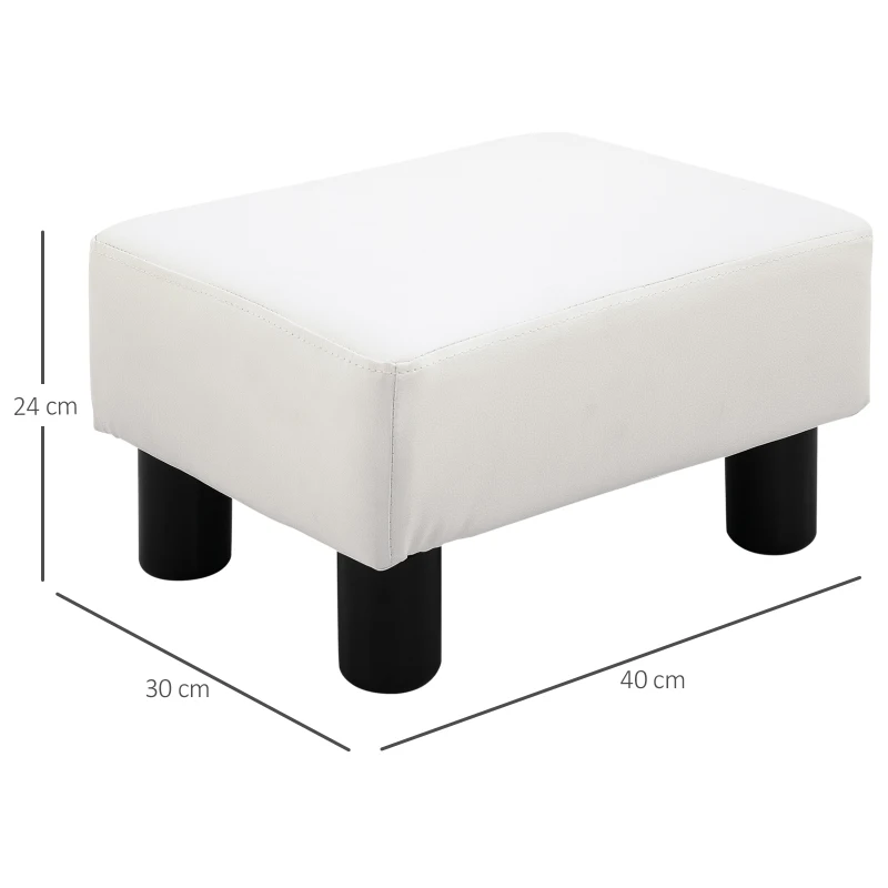 HOMCOM Reposapiés para Sofá Taburete Pequeño Tapizado en Piel Sintética Asiento de Espuma y Patas de Plástico 40x30x24cm Blanco