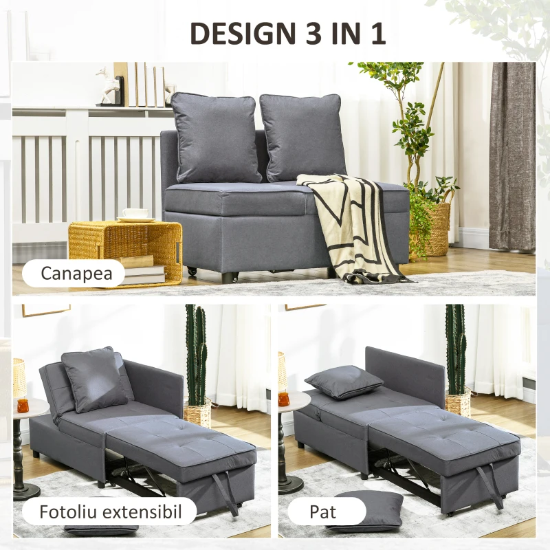 HOMCOM Fotoliu Pat 3 în 1 cu Spătar Reglabil în 5 Poziții și Perne, Canapea Pat, 98x69x65 cm, Gri Închis(m-6)