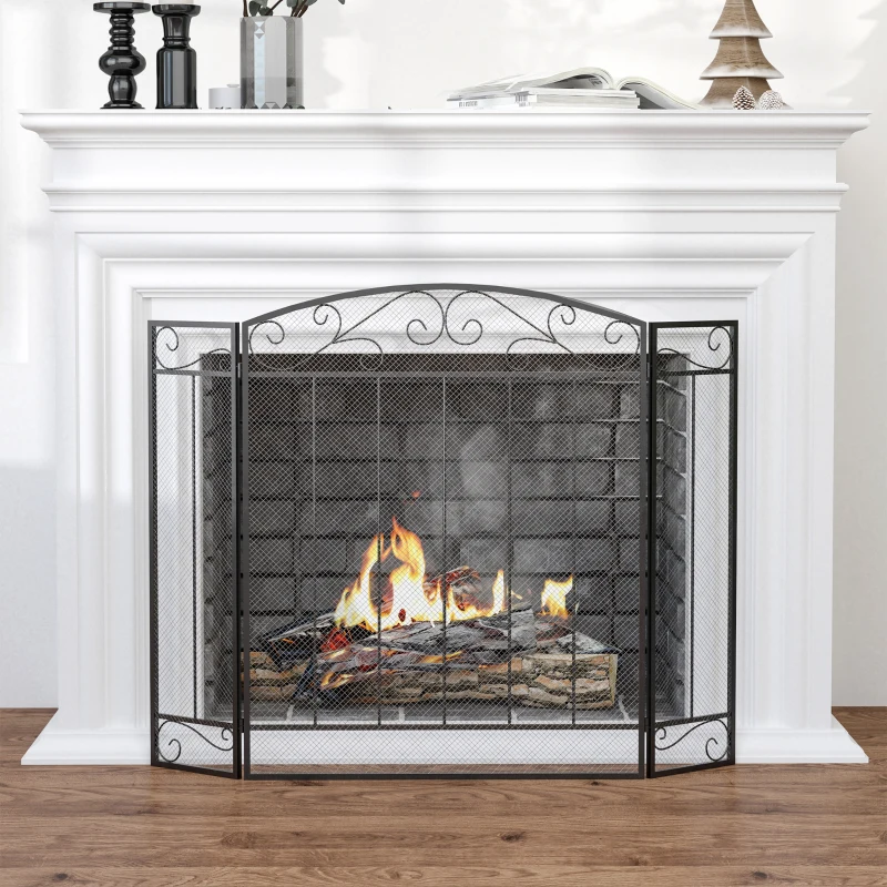 HOMCOM Salvachispas para Chimenea 105x80,5 cm Pantalla para Chimenea Plegable de 3 Paneles Protector de Chimenea Negro