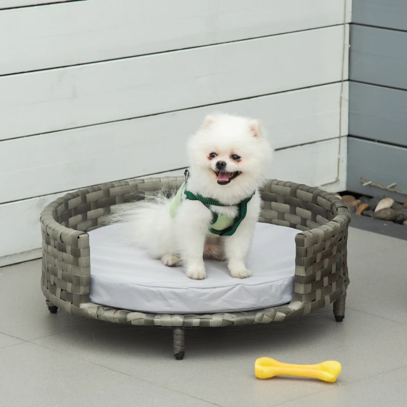 PawHut Sofá para Perros de Ratán Sintético Redonda con Cojín Impermeable y Lavable para Interior y Exterior Ø60x20 cm Gris