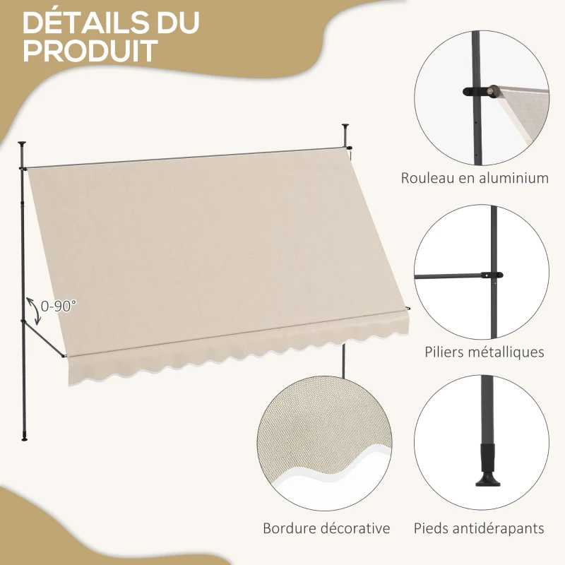 Outsunny Store banne autoportant manuel rétractable 3,5L x 1,2l x 2,1-3H m inclinaison réglable métal alu polyester sable