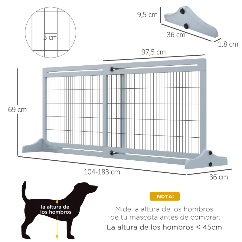 PawHut Barrera de Seguridad para Perros Extensible Barrera para Perros en Casa de Madera 104-183x36x69 cm Azul Grisáceo
