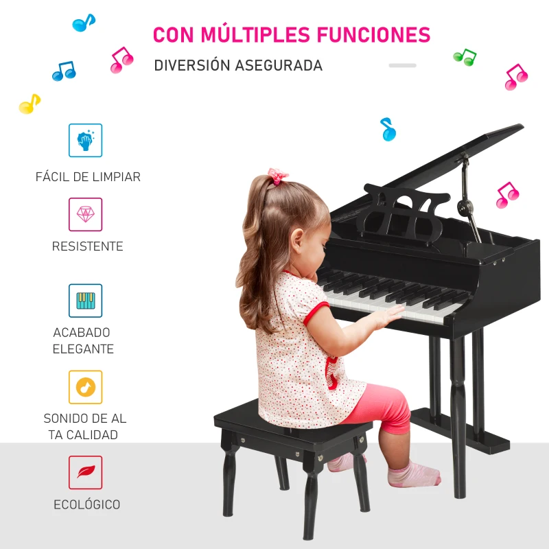 HOMCOM Piano de Cola Infantil de Madera con 30 Teclas Taburete y Atril de Partituras Piano para Niños Instrumento Musical Didáctico 52x50x49 cm Negro