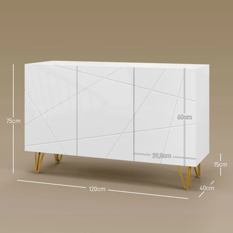 HOMCOM Aparador de Entrada con 3 Puertas y Estantes Ajustables para Cocina Sala 120x40x75 cm Blanco Brillante(m-3)