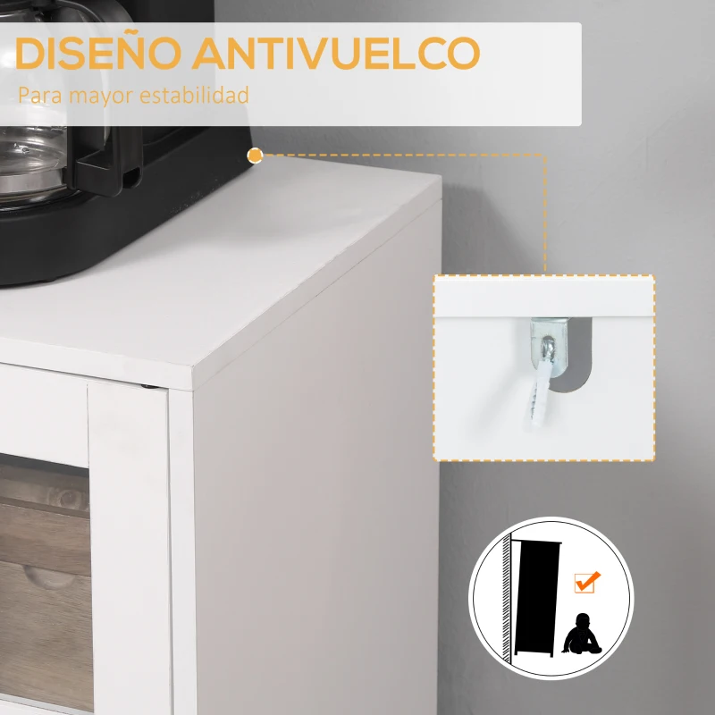 HOMCOM Aparador de Cocina con 3 Puertas de Vidrio y Botellero en Forma X para 4 Botellas 90x37x75 cm Blanco
