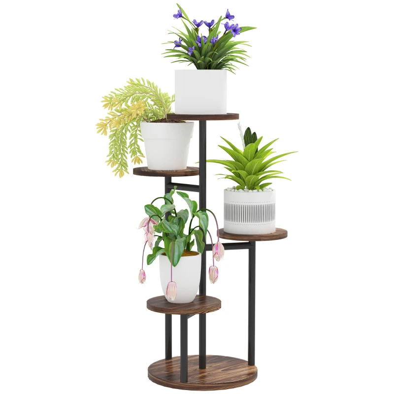 Outsunny Soporte para Plantas de Madera y Acero de 5 Niveles con 5 Estantes Redondos Soporte para Macetas 43x43x70 cm Carbonizado