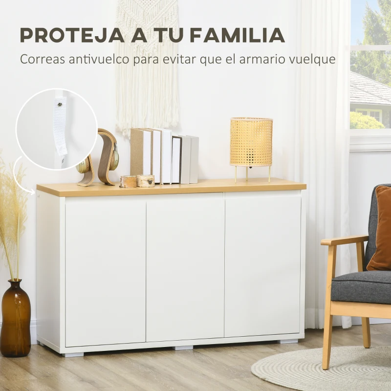 HOMCOM Aparador de Salón Mueble Auxiliar de Cocina con 3 Puertas y Estantes Ajustables para Comedor Entrada 120x37x75 cm Blanco(m-7)
