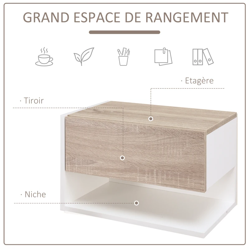 HOMCOM Tables de chevet suspendues Lot de 2 - Tables de Nuit murale - tiroir Coulissant - en Bois Bicolore Aspect chêne clair blanc