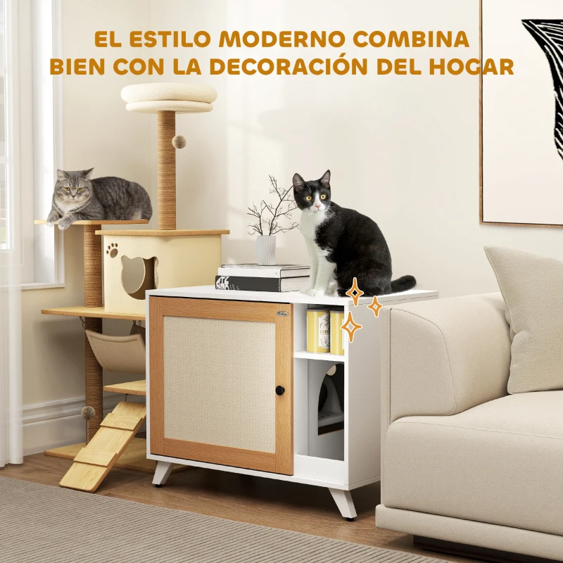 PawHut Mueble Arenero para Gatos con Puerta de Sisal Mesa Auxiliar Estante y Alfombrilla Antiarena 77x50x63 cm Blanco