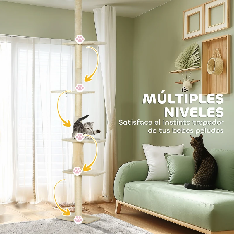 PawHut Árbol para Gatos de Suelo a Techo 225-275 cm Torre para Gatos con Múltiples Plataformas Sistema de Antivuelco Crema