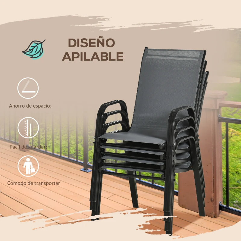 Outsunny Set de 4 Sillas de Exterior Apilables con Asiento de Textilene para Jardín Terraza 54x75,5x95 cm Gris Oscuro