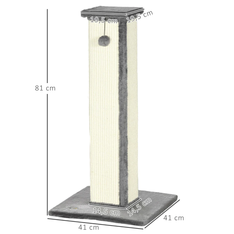 PawHut Poste Rascador para Gatos Altura 81 cm Rascador para Gatos con Poste de Sisal y Bola Colgante 41x41x81 cm Gris