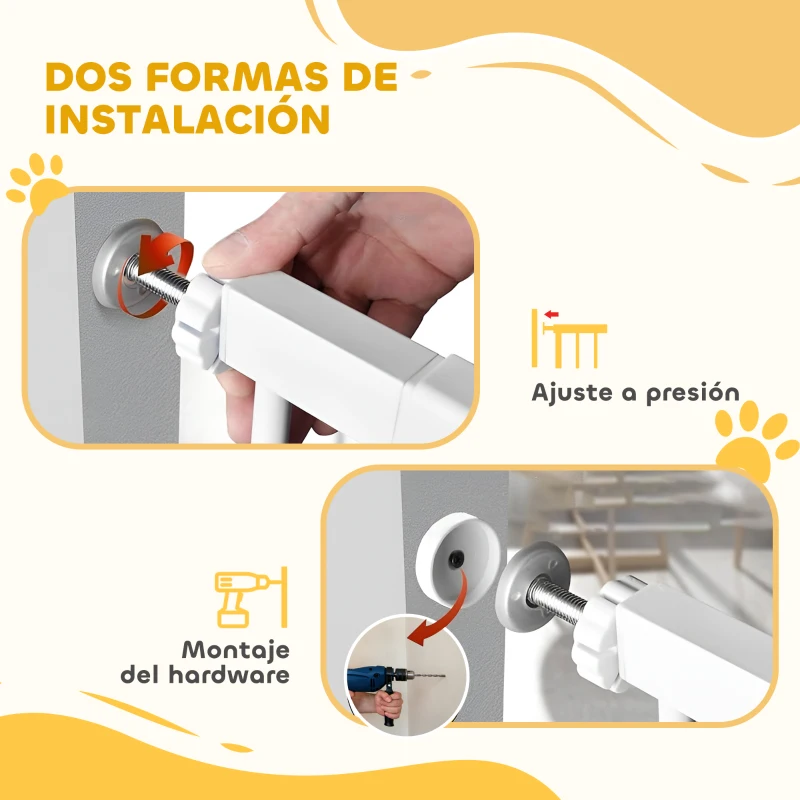 PawHut Barrera de Seguridad para Perros con Ancho Ajustable 76-104 cm con 2 Extensiones para Escalera Puerta Blanco