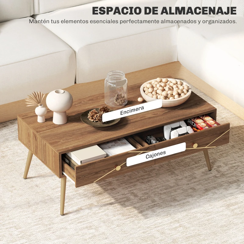 HOMCOM Mesa de Centro con 2 Cajones y Patas de Acero para Sala de Estar Dormitorio 100x50x41 cm Marrón