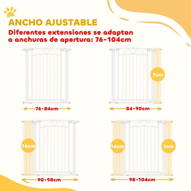 PawHut Puerta para Perros con Ancho Ajustable 76-104 cm Barrera de Seguridad con 2 Extensiones y Doble Bloqueo Blanco