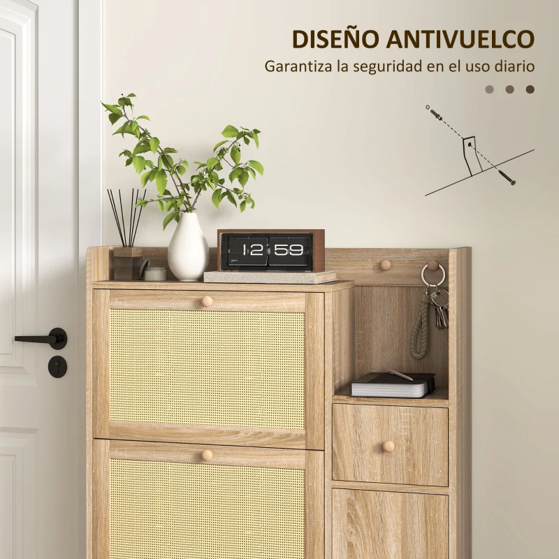 HOMCOM Zapatero con 3 Cajones Abatibles con Frentes de Ratán Cajón y Armario para Decoraciones y Llaves 80x23x120 cm Roble
