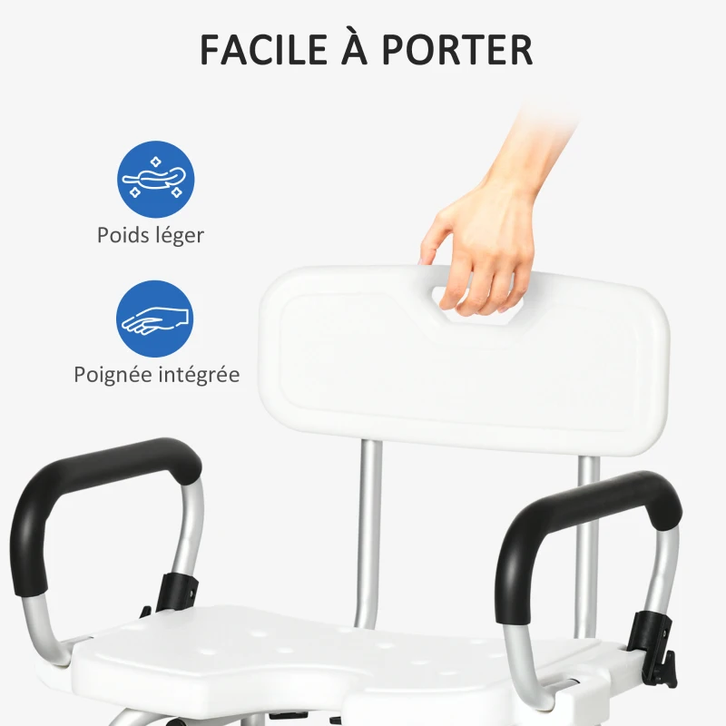 HOMCOM Chaise de douche, tabouret de douche réglable en hauteur avec dossier et accoudoirs rabattables, assise U, pieds antidérapants à ventouses, pour personnes âgées et handicapées, alu HDPE, blanc