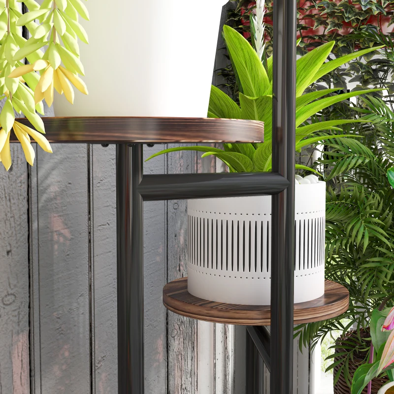 Outsunny Soporte para Plantas de Madera y Acero de 5 Niveles con 5 Estantes Redondos Soporte para Macetas 43x43x70 cm Carbonizado