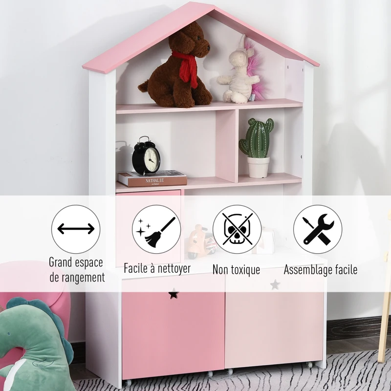 HOMCOM Bibliothèque étagère Design Maison 4 niches Placard Grand tiroir Double Compartiment MDF Blanc Rose