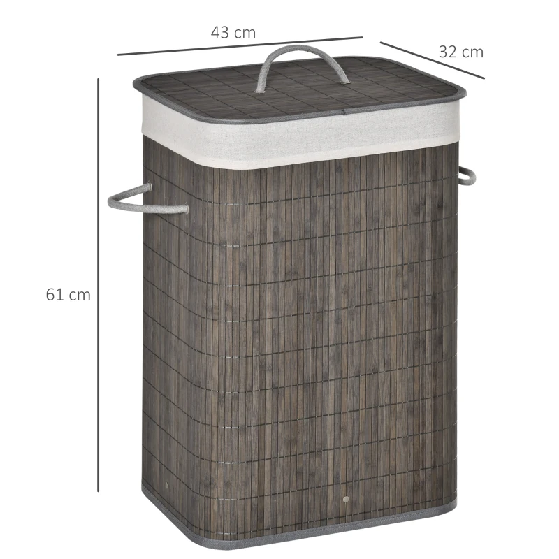 HOMCOM Kosz na bieliznę z uchwytami i pralnym workiem, Rattan, Poliester, Bawełna, Metal, 43L x 32S x 61W cm, Szary