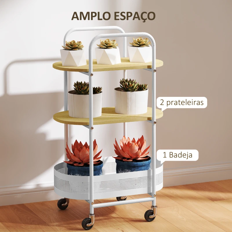 HOMCOM Carrinho Auxiliar com Rodas Carrinho de Cozinha de 3 Níveis com Cesta e Prateleiras 49,5x32,5x82,5 Branco e Madeira