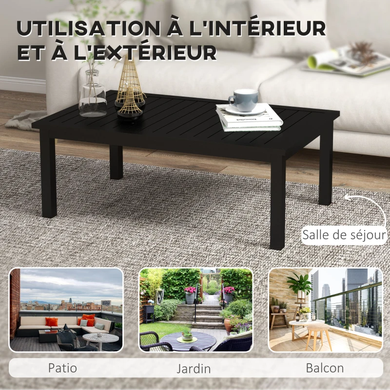 Outsunny Table basse rectangulaire plateau à lattes pour intérieur/extérieur en aluminium, 100 x60 x37 cm noir