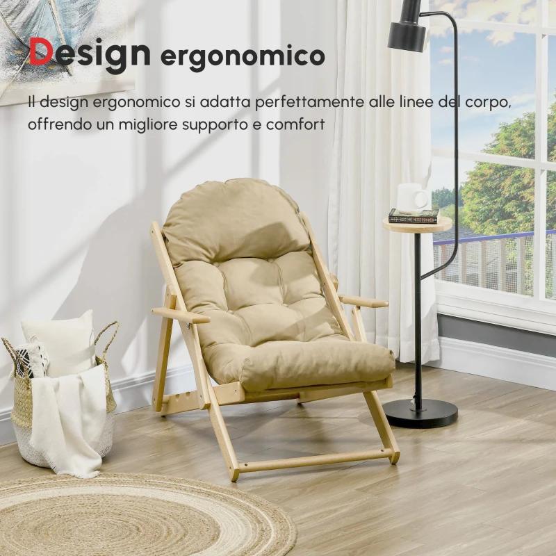 HOMCOM Sedia per Soggiorno Pieghevole con Braccioli e Cuscino, in Legno di Faggio e Tessuto, 71x89x96 cm, Marrone
