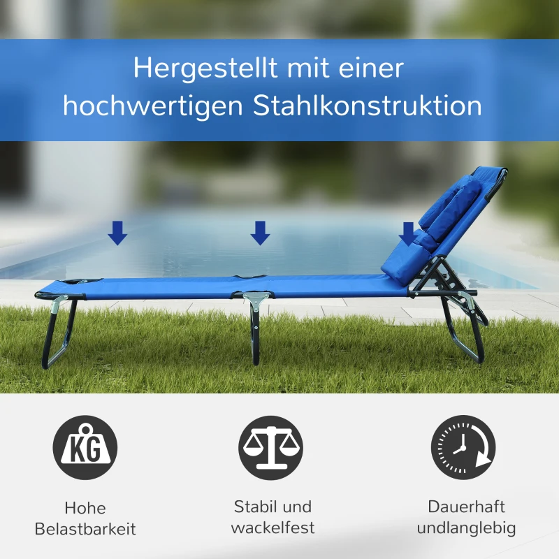 Outsunny Sonnenliege klappbar Gartenliege mit Kopfkissen Liegestuhl mit 4-Fach verstellbare Rückenlehne Campingliege mit Lesefenster Gartenstuhl bis 120kg belastbar für Garten, Balkon geeignet Blau