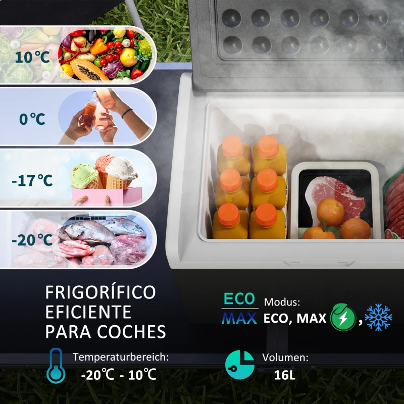 Outsunny Nevera de Coche 16L -20℃-10℃ 12 / 24V DC y 100-240V CA con Modos ECO/MAX para Camping Viajes 60x32x26 cm Negro y Gris