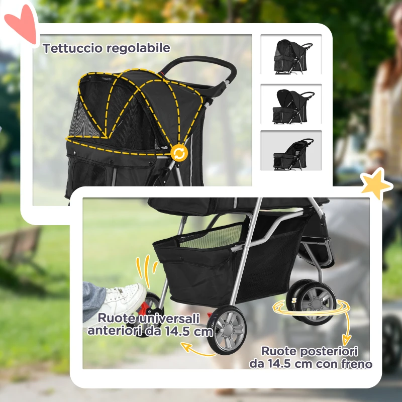PawHut Passeggino per Cani Piccoli Pieghevole con Ruote Girevoli e Freno, 75x45x97 cm, Nero
