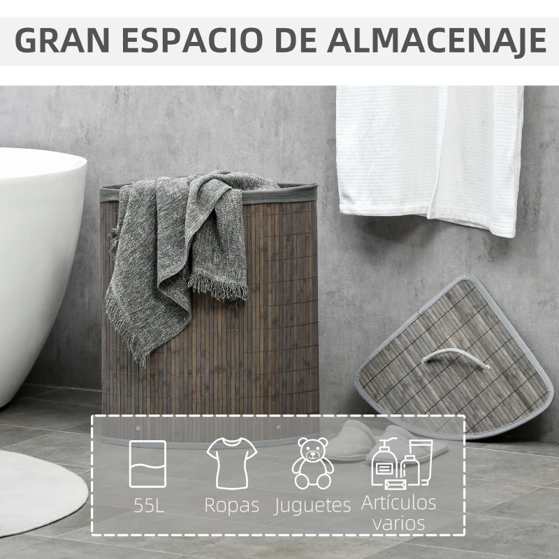 HOMCOM Cesto para Ropa Sucia de Bambú Capacidad de 55L Cesta para la Colada en Forma de Abanico 38x38x57 cm Gris