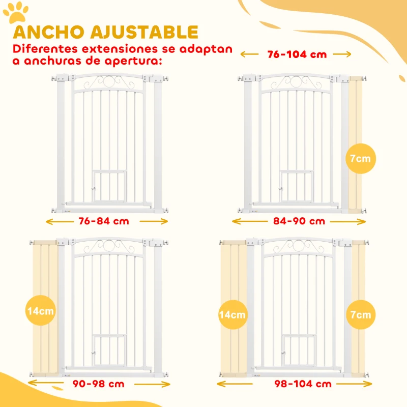 PawHut Puerta para Perros con Ancho Ajustable 76-104 cm 2 Extensiones Doble Bloqueo y Puerta Pequeña Blanco
