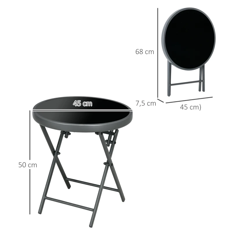 Outsunny Klappbarer Beistelltisch, Outdoor-Klapptisch, mit Tischplatte aus gehärtetem Glas, für Terrasse, 45 x 45 x 50 cm Schwarz(m-3)