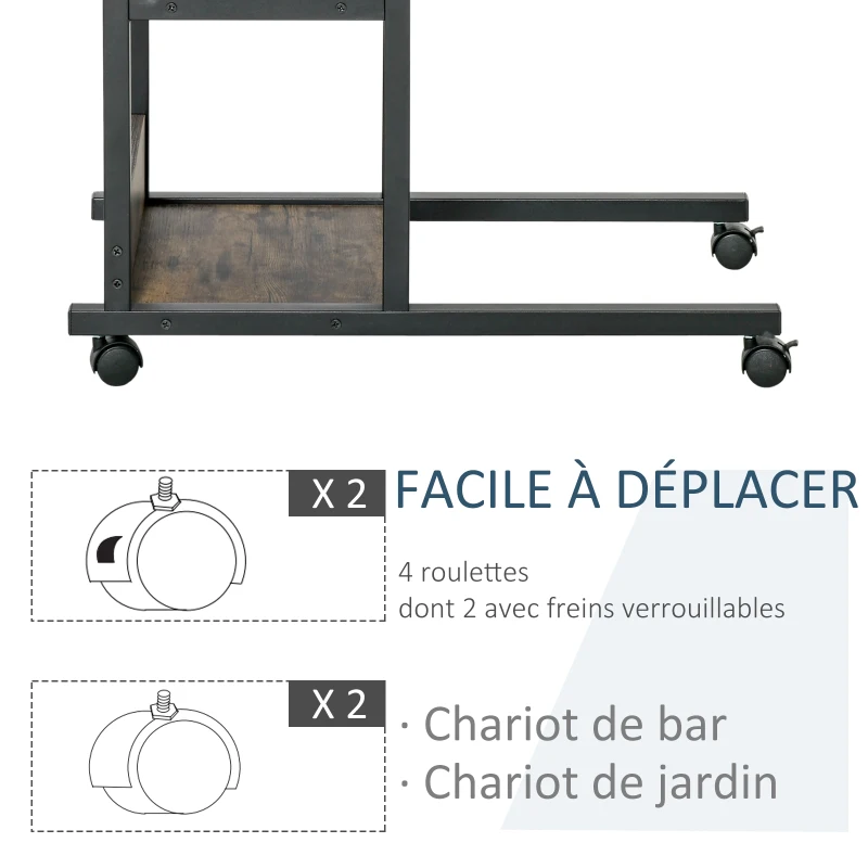HOMCOM Table d'appoint Bout de canapé Table roulante Table de Lit pour Ordinateur Portable Hauteur réglable - 2 étagères intégrées - cadre métal Marron