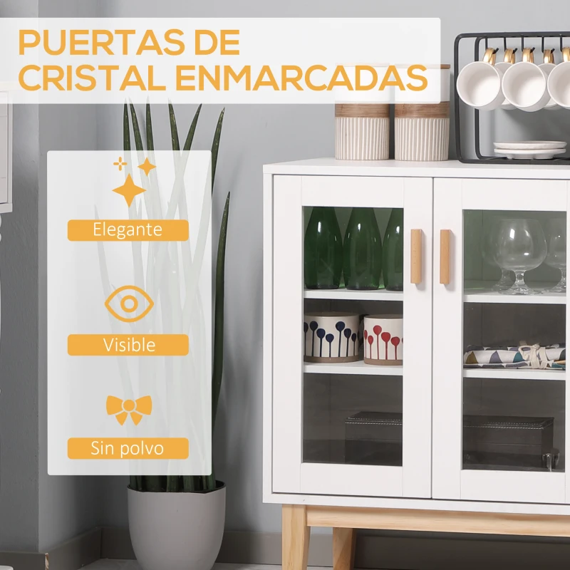 HOMCOM Aparador de Cocina con 3 Puertas de Vidrio y Botellero en Forma X para 4 Botellas 90x37x75 cm Blanco