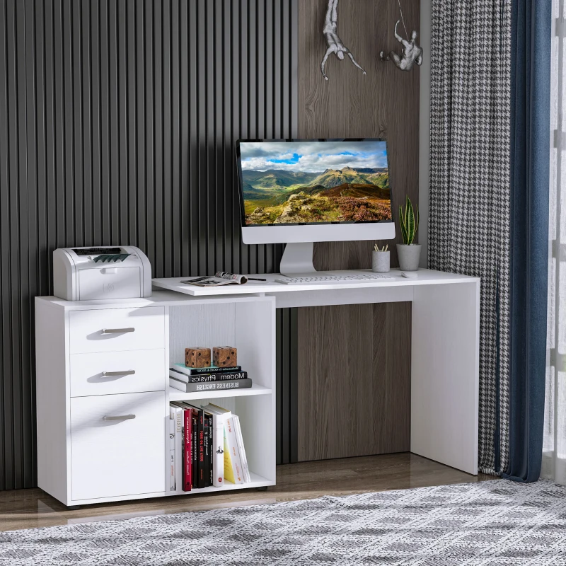 HOMCOM Bureau d'angle bureau droit modulable table de salle à manger 2 en 1 bureau informatique tiroirs x 3 + 2 niches MDF blanc