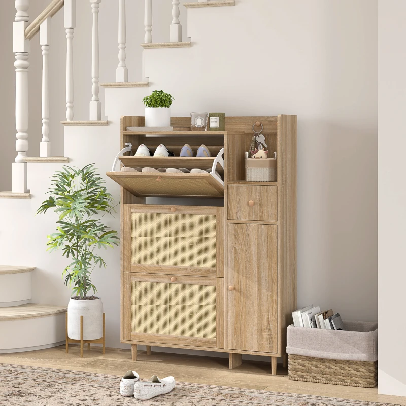 HOMCOM Zapatero con 3 Cajones Abatibles con Frentes de Ratán Cajón y Armario para Decoraciones y Llaves 80x23x120 cm Roble