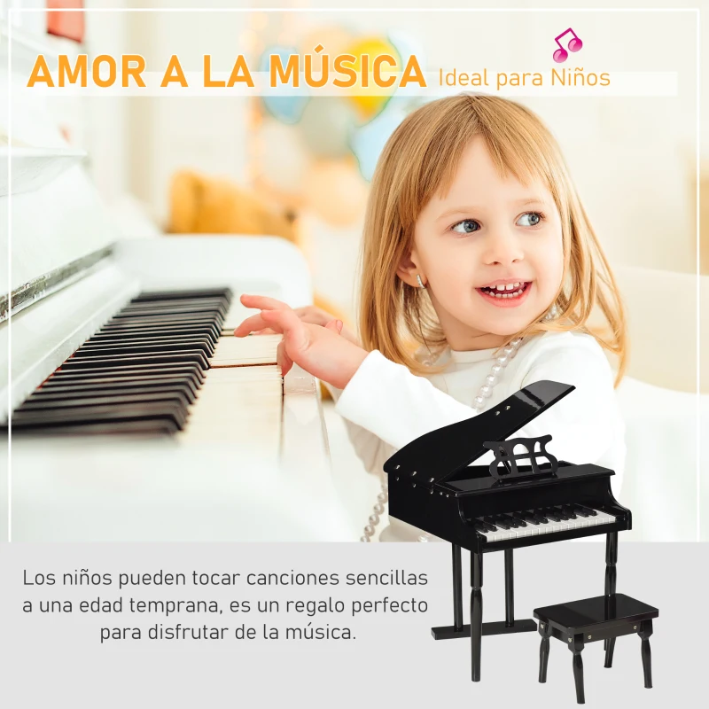 HOMCOM Piano de Cola Infantil de Madera con 30 Teclas Taburete y Atril de Partituras Piano para Niños Instrumento Musical Didáctico 52x50x49 cm Negro