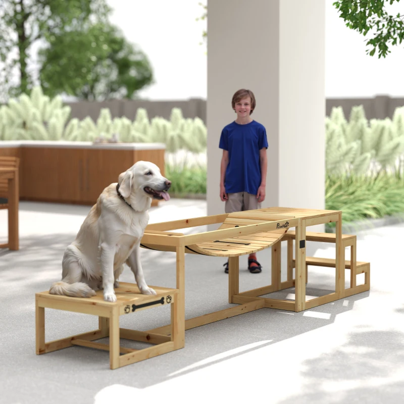 PawHut Agility-Set für Hunde, Hundetrainings-Konstruktion mit Brücke, Treppe, Plattform, Tannenholz, für große Hunde bis 40 kg(m-7)