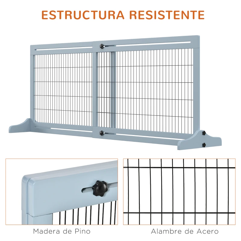 PawHut Barrera de Seguridad para Perros Extensible Barrera para Perros en Casa de Madera 104-183x36x69 cm Azul Grisáceo