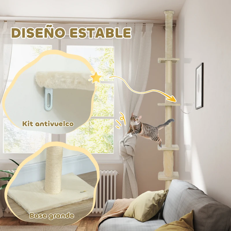 PawHut Árbol para Gatos de Suelo a Techo 225-275 cm Torre para Gatos con Múltiples Plataformas Sistema de Antivuelco Crema